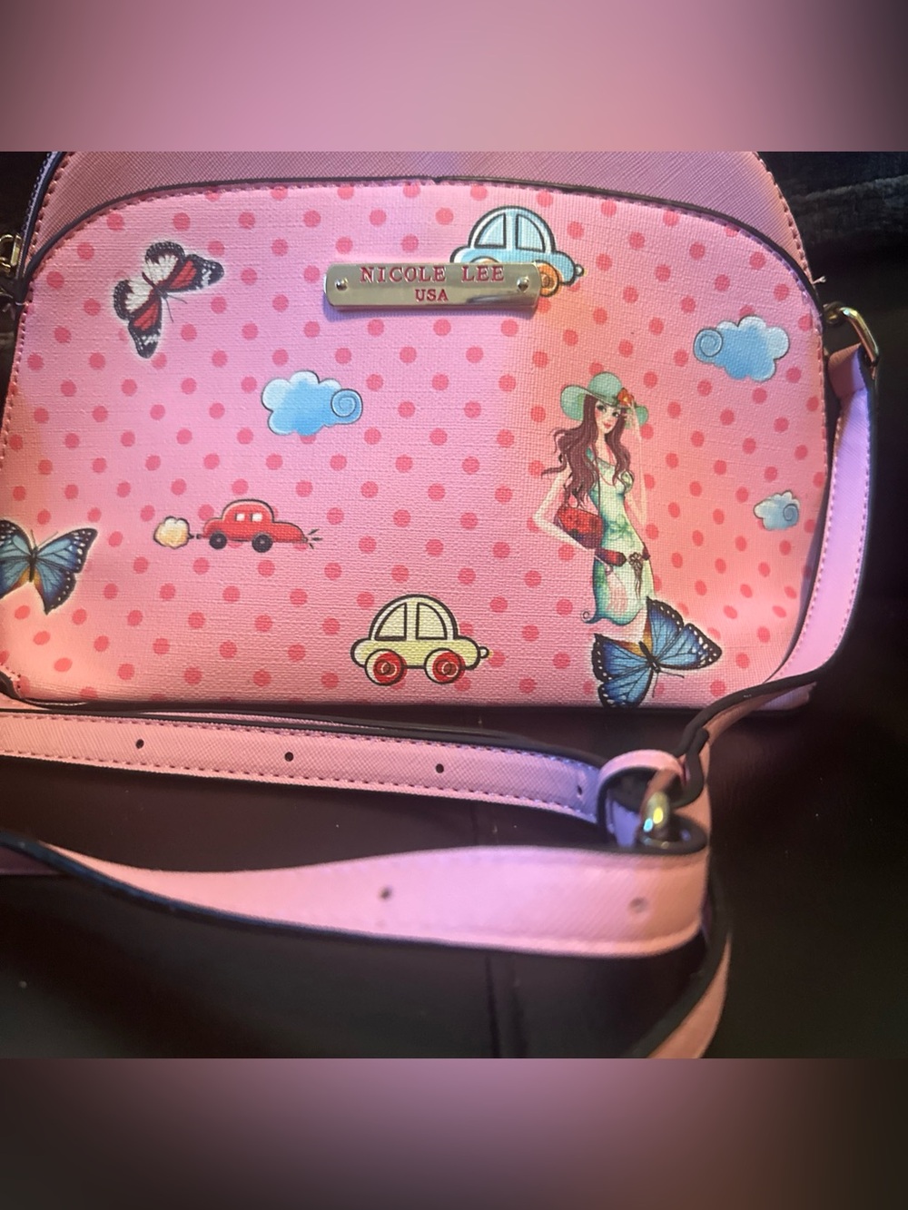 Nicole Lee Pink Polka Dot Illustrated Crossbody Bag